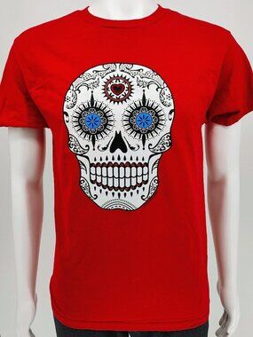 Red Sugar Skull Heart Red Graphic T-Shirt (Small/Medium)